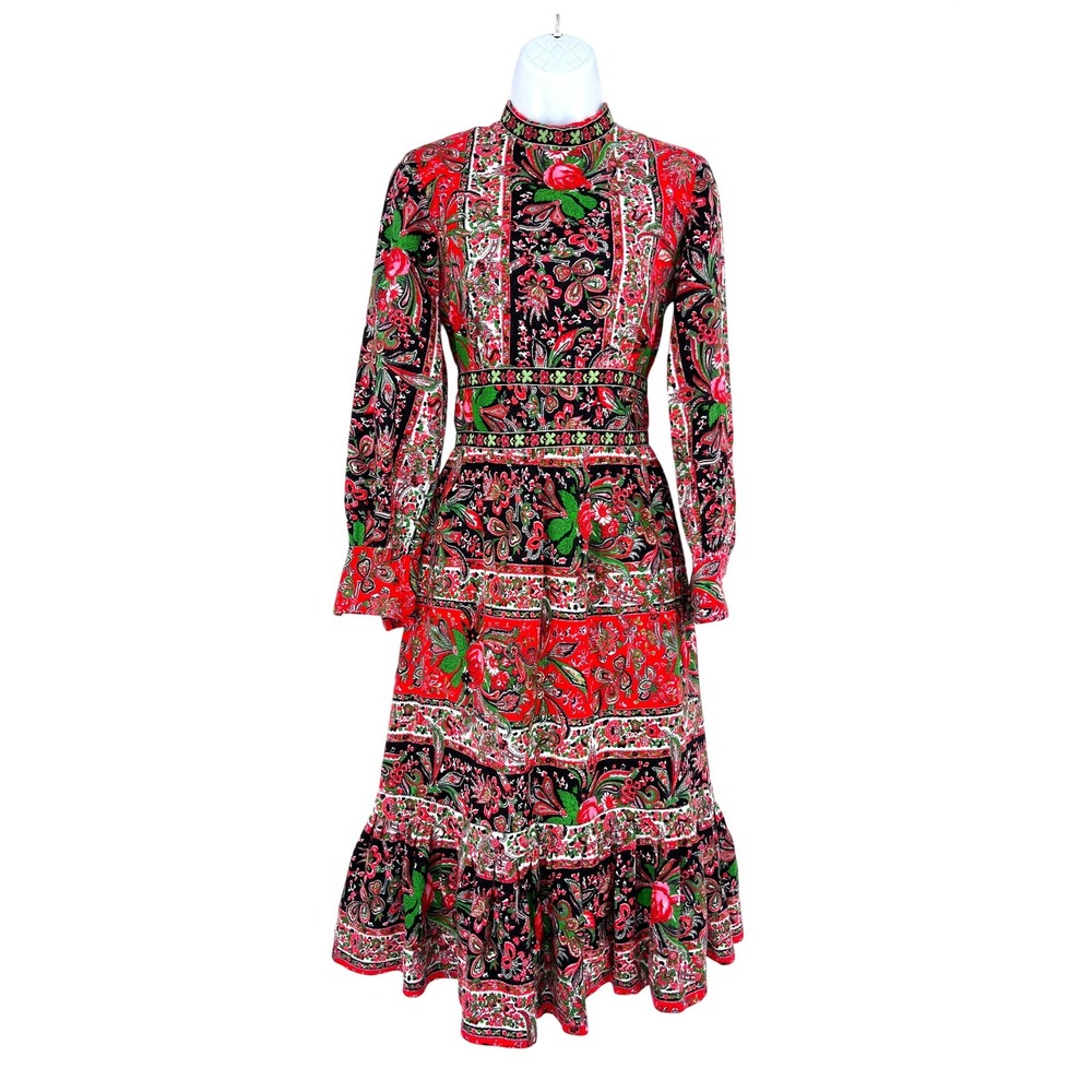 Vintage 1960s Folk Midi Dress‎ Red Floral Paisley Mock Neck Tiered Womens
